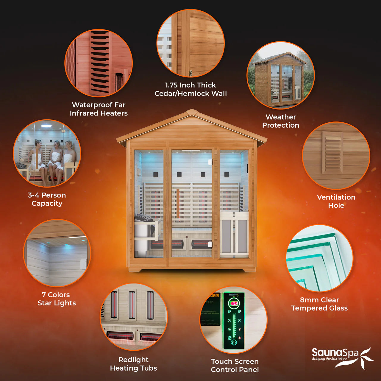 3-4 Person Outdoor Cabin Sauna in Cedar and Hemlock with Far Infrared Panels