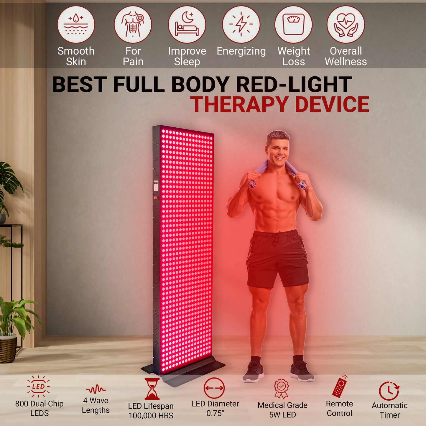 EXESAS  800 LED, 4000W Dual-Chip, Red Light Therapy Device for Full Body, 4-Wavelengths Infrared LED Panel for Skin, Weight, Pain, Wellness