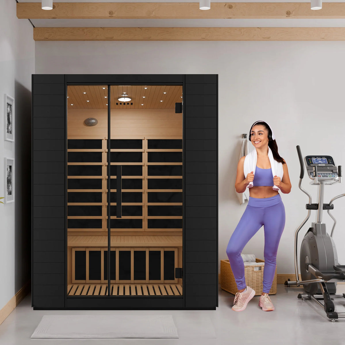 3-Person Infrared Heater Indoor Sauna With Red Light Therapy, Chromotherapy Lights, WiFi Control, Black Canadian Hemlock
