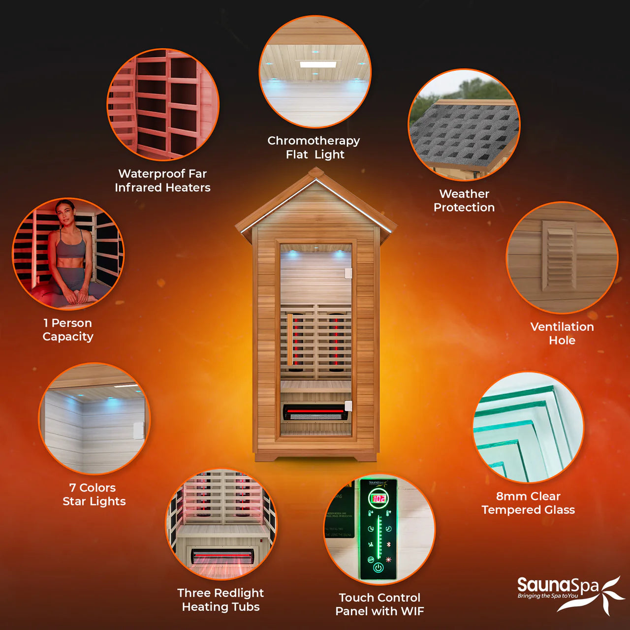 2-Person Outdoor Cabin Sauna in Red Cedar and Hemlock with Far Infrared, Starry Night Lights