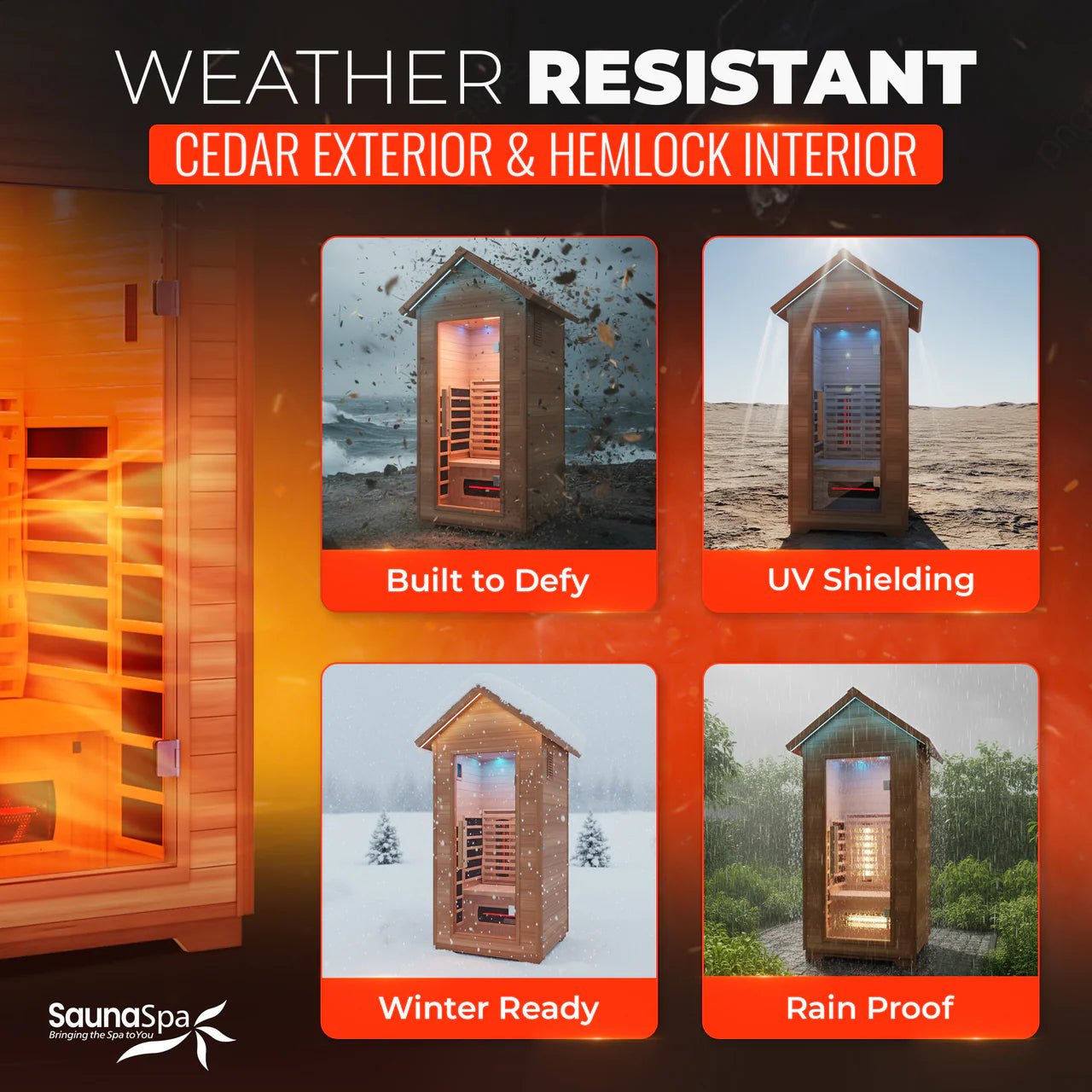 2-Person Outdoor Cabin Sauna in Red Cedar and Hemlock with Far Infrared, Starry Night Lights