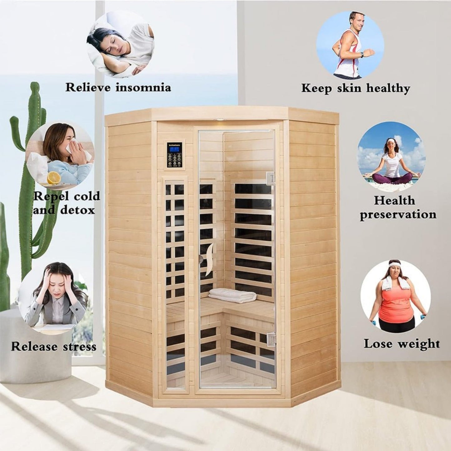 Thermora Norix Premium 2-Person Corner Space Infrared Wooden Sauna Room With Bluetooth Speakers, 1600W (SAK81524)