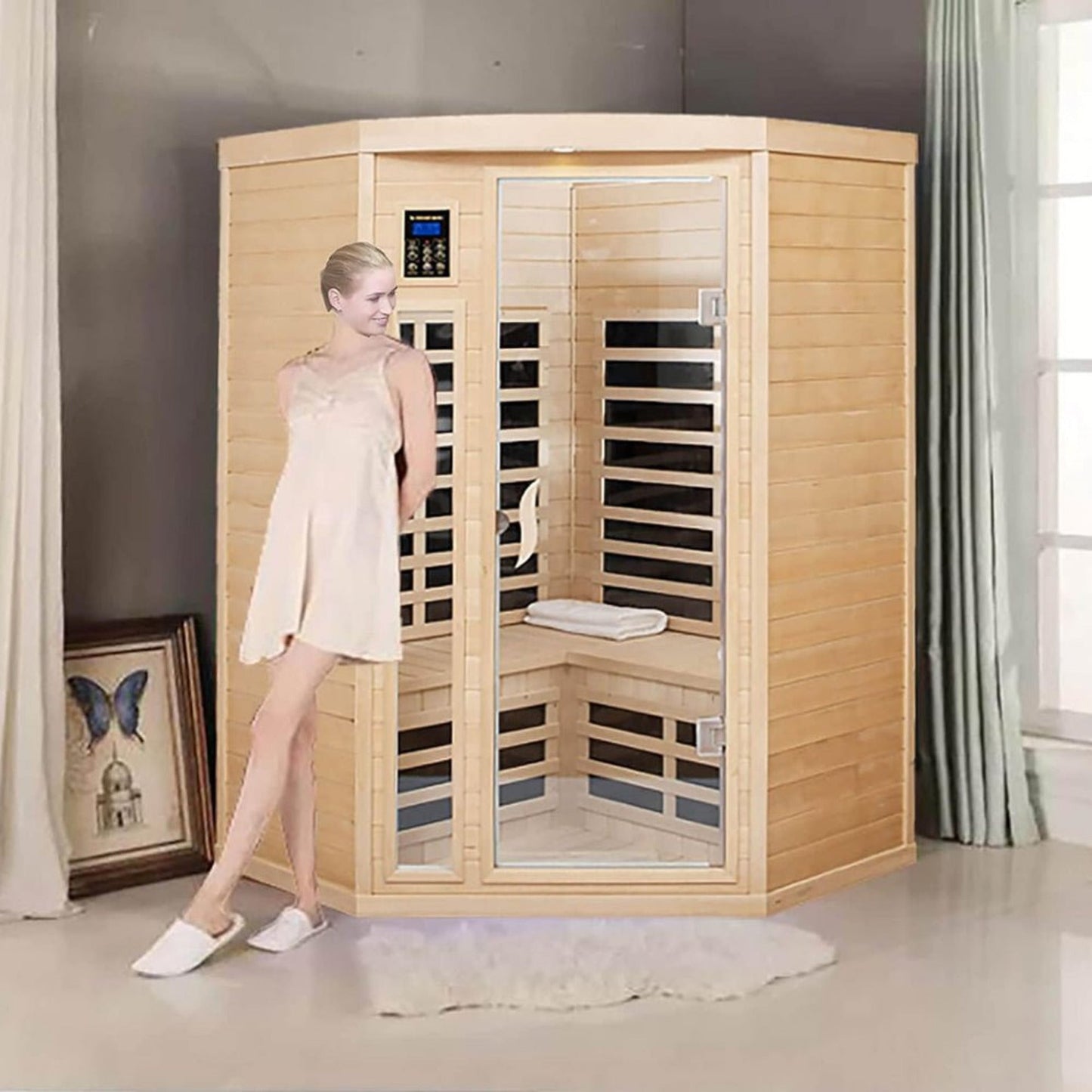 Thermora Norix Premium 2-Person Corner Space Infrared Wooden Sauna Room With Bluetooth Speakers, 1600W (SAK81524)
