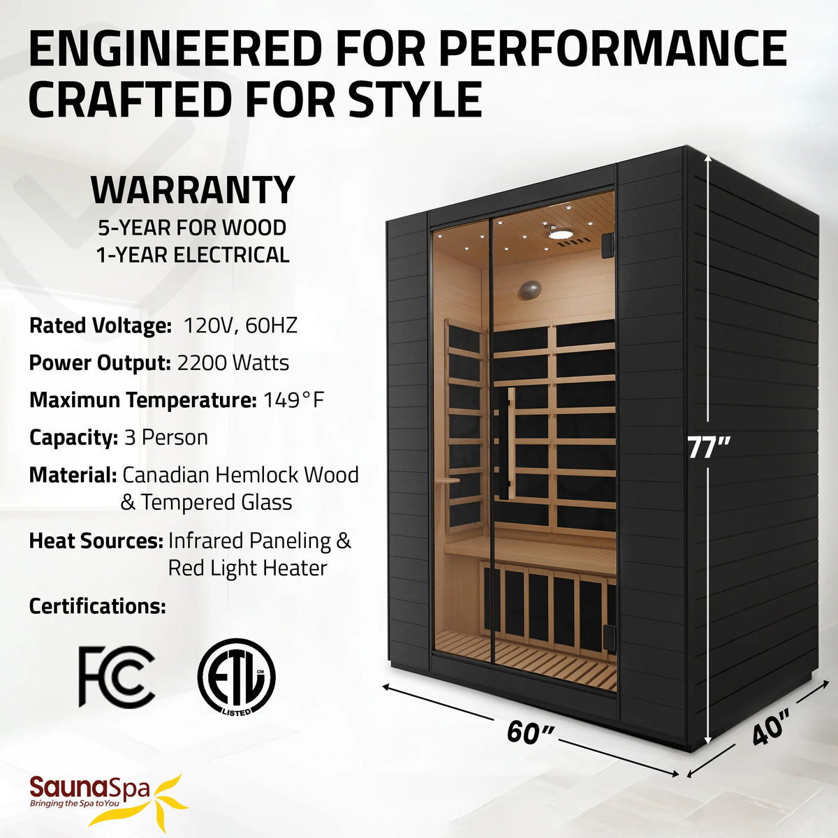 3-Person Infrared Heater Indoor Sauna With Red Light Therapy, Chromotherapy Lights, WiFi Control, Black Canadian Hemlock